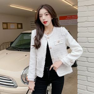 Misturas de lã feminina estilo curto mulheres jaqueta branca primavera elegante tweed casacos o pescoço manga longa rosa outono jaqueta feminina moda outwear 230828