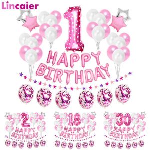 37Pcs Pink Number 1 2 3 4 5 6 7 8 9 Years Old Balloons Happy Birthday Party Decorations Kids Baby Girl Princess 15 16 18 30 40