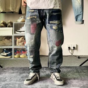 Mens Jeans mahalle nbhd Japon düzensiz boya sıçramalı yıkanmış düz bacak 230829