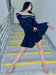 Stage Wear Latin Dance Dress One Neck Ruff Sleeve Adult Blouse Modern Dancer Training Clothes Just Black And White