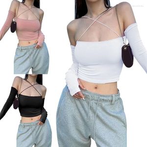 Women's T Shirts Women Off-shoulder Crop Tops Summer Autumn Clothes 2023 Solid Color Spaghetti Strap Long Sleeve Basic Streetwear Clubwear