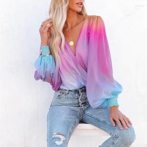 Women's Blouses Elegant Gradient Printing Chiffon Shirt Casual Clothes Autumn Tops Fashion V-Neck Long Sleeve Loose Blouse 22287