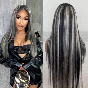 grey highlight transparent lace frontal wig human hair straight blonde highlight wig dark roots lace front wig