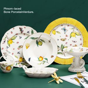 Pratos Pratos Nórdicos Limão Cerâmica Placa de Comida Bule Açucareiro Casa Irregular Salada Prato Talheres Prato Conjuntos Bone China 230828