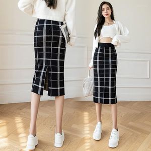 Gonne Moda Coreana Gonna lunga scozzese lavorata a maglia Donna Vita alta Maglione sottile Avvolgente Ragazze casual Carine Nero 2