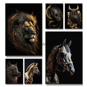 Metal Painting Black and Gold Animals Canvas Art Posters and Prints Lion Horse Fashion Art Paintings on the Wall Art Eagle Pictures Home Decor x0829