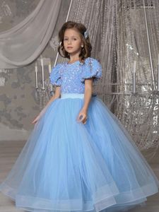 Girl Dresses Blue Flower Sequin Top Tulle Puffy Skirt With Bow Short Sleeve For Wedding Birthday Banquet First Communion Gowns