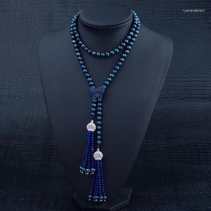 Colares de pingente 92cm longo colar de pérola com lapis lazuli borla outono inverno temporada casaco tingido preto mulheres presentes