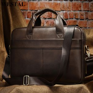 Briefcases WESTAL Men's Bag Genuine Leather Men Briefcase for Laptop 14 Messenger Men's Leather Bag Business Portfolio for Document A4 7022 230829