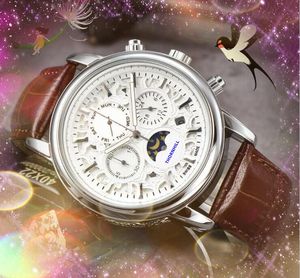 Popular Mens Moon Star Skeleton Dial Watches Stopwatch Leather Belt Clock Quartz Movement Chronograph Engraved Flowers Case all the crime business casual Watch