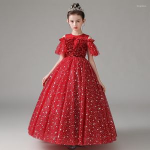 Girl Dresses Flower Dress Illusion O-Neck Sequined Princess Floor-Length Tulle Lace Short Burgundy Off The Shoulder Kids Party Gown H230