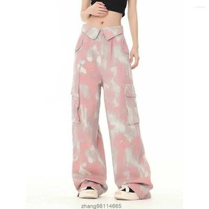 Herren Jeans Pink Camouflage Cargo Denim Pants Street Big Pocket Flip Design übergroß