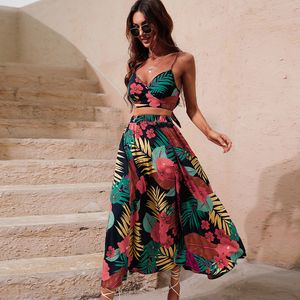 Two Piece Dress Y2K Bikini Crop Tops Long Dress Sexy Set for Women Summer Fashion Two Pieces Skirt Beach Style Floral Print Midi Sexy Boho Sets 230829