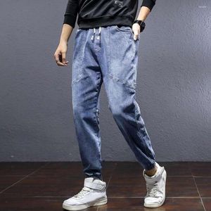 Männer Jeans Männer Brief Kordelzug Elastische Taille Denim Hosen Frühling Herbst Knöchel Gebunden Baggy Cargo Für Den Täglichen Verschleiß