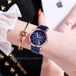 Wristwatches 100pcs/lot Women's Watches Wholesale Magnetic Fashion Ladies False Three Eyes Sun's Face Wristwatch Clock Montre Femme