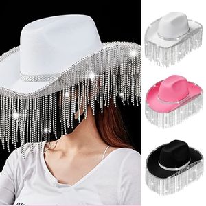 Breda randen hattar hink hattar snygga strassar fransar glitter rave cowgirl hatt kvinnor västra tofsels cowboy hatt för halloween klä upp cosplays party cap 230828