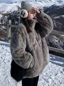 Womens Fur Faux Plush Jacket Mulheres Inverno Imitação Rex Rabbit Grass Midlength Solto Grosso Com Capuz Ins 230828