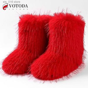 Boots New Winter Women Fur Boots Fluffy Furry Snow Boots Flat Soft Plush lining Mid Calf Feather Boot Fashion Warm Fuzzy Woman Shoes T230829