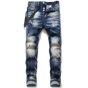 Уникальные мужские расстроенные разорванные голубые узкие мужские джинсы модельер -дизайнер Slim Fit, промытый мотоцикл джинсовые брюки, байкерские брюки 1048 487618384