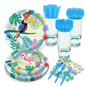 Talheres descartáveis Hawaii Flamingo Placas de papel Fontes de festa Toucan Talheres Aniversário Floral Vegetação Plantas Set Dinnerware Serve Dhcf8