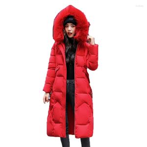 Women's Trench Coats Long Down Cotton Coat Women 2023 Korean Temperament Waist Hooded Big Fur Collar Khaki Red Beige Warmth N987