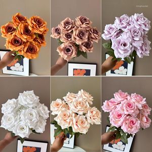 Decorative Flowers 9roses/bunch Artificial For Home Garden Decorations Silk Coffee Rose Flower Arrangement Wedding Party Supply Decor