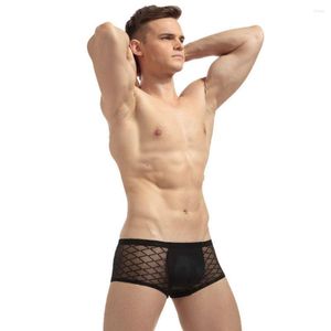 Cuecas masculinas boxer shorts gay sissy diversão roupa interior grande malha sexy respirável canto plano tentação perspectiva calcinha