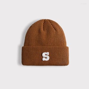 Berets Autumn And Winter Acrylic Letter S Embroidery Thicken Knitted Hat Warm Skullies Cap Beanie For Men Women 169