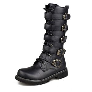 Boots Mens PU Leather Motorcycle High Over the Knee Military Combat Gothic Belt Punk Men Shoes Tactical Army Boot 230829