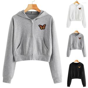 Hoodies femininos colheita topos para meninas adolescentes bordado borboleta casual manga longa zíper bolso camisa com capuz moletom jaqueta