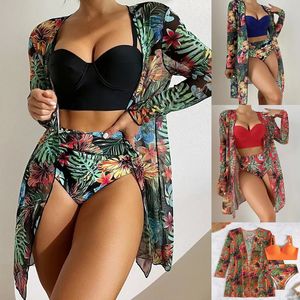 2023 novos trajes de banho femininos impressos florais cobrir 3 peças trajes de banho para mulheres biquíni roupa de praia