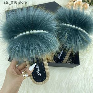Fur Fox 100% Natural Slippers Woman Summer Faux Espadrilles Pearl Chain Fluffy Slides Flip Flops 2024 Flats Women Shoes Sandals T230828 70f3e