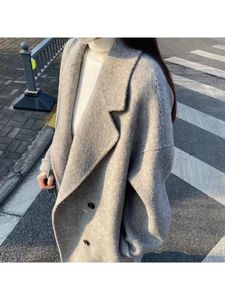 Misto lana da donna invernale stile coreano doppio petto di seta coniglio cappotto lungo di lana cappotto da donna fatto a mano sciolto rosa grigio lana cappotto 230828