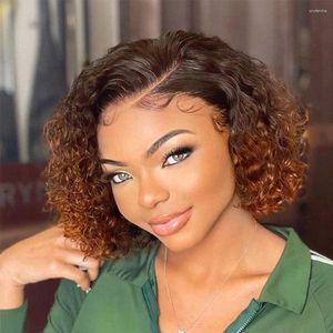 Curly Bob Ombre Brown Colored 13x4 Lace Front Human Hair Wig Preplucked Glueless 360 Frontal Wigs For Black Woman Brazilian