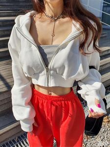 Hoodies femininos chique zip up hoodie moda feminina kpop casual sólido recortado moletom com capuz fino manga longa topo y2k streetwear