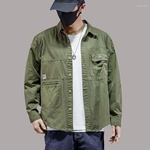 Jaquetas masculinas Workwear Estilos Militares Homens Sarja Casacos de Algodão Casual Solto Bonito Versátil Masculino Carga Zipper Bolso Camisa Tecida