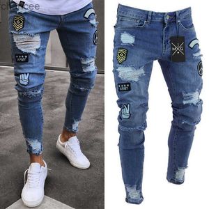 Nya modemän skinny jeans rip Slim Fit Stretch Denim Distress Frayed Biker Scratched Hollow Out Long Jeans Boy Zone HKD230829