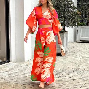 Women's Two Piece Pants Fashionable And Two-piece Summer Light Cooked Sweet Printed V-neck Lantern Sleeve Short Shirt High Waist Wide Leg