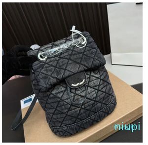 Women Designer Old Washing Denim Backpack Silver Metal Hardware Adjustable Leather Strap Diamond Lattice Outdoor Shopping Shoulder Handbag 21x23cm