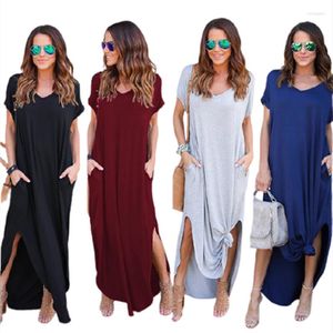 Футболка с повседневными платьями Maxi платье элегантное Boho V-образное с коротким рукавом с нерегулярной пляжной вечеринками для летней леди