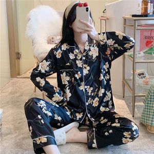 Kvinnors sömnkläder plus storlek 8xl Ice Silk Pyjama Set Female Pyjamas Sexig mjuk mysig mysig satin sommarfjäder blommig tryckt nattklänning