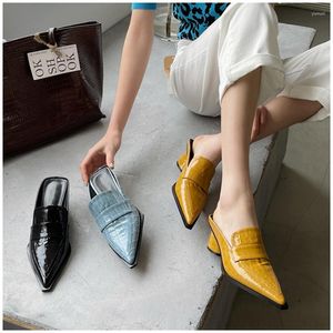 Slippers Women Shoes Square Med Heel Slip On Mules Pointed Toe Stone Pattern Sandal Female Casual Slides Outdoor Baotou Half