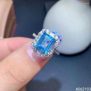Pierścienie klastra KJjeaxcmy Fine Jewelry 925 Srebrny Srebrny Inkrustowany Natural Blue Topaz Women's Mężczyźni Znakomite kwadratowy klejnot Regulowany wsparcie pierścienia