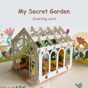 Cartões 3D Linda Casa de Flores Frescas Jardim Estilo Cartão de Presente de Aniversário de Casamento Favores para Convidados Corte de Papel HKD230829