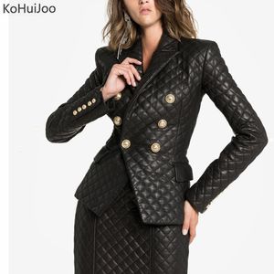 Couro feminino faux kohuijoo senhoras jaqueta pista moda botão de ouro fino blazer casaco mulheres projetos moto biker jaquetas preto 230829