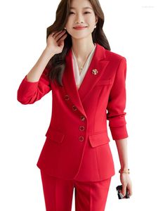 Women's Two Piece Pants Red Blue Black Button Decoration Blazer And Pant Suit Women Female Ladies Business Work Wear Jacket Trouser Formal 2