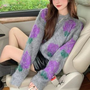 Women's Sweaters Vintage Fashion Purple Jacquard Loose Fit Sweater Women Korean Oversized Sueter Mujer Knitted Top Pull Femme Grunge