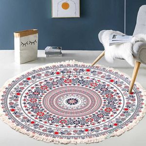 Handvävd bomullslinne matta retro bohemisk rund sängplats geometrisk golvmatta vardagsrum heminredning boho mandala tassel matta hkd230829