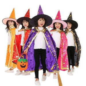 Kids Halloween Costumes Star Wizard Witch Cloak Cape Robe Hats with Pointy Hat Cosplay Props Birthday Party Mardi Gras Accessory