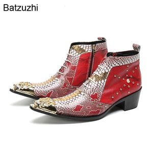 Stiefel Batzuzhi Design Herrenschuhe Gold Eisen Zehen Rotes Leder Knöchel für Männer Schlangenhaut Mode PartyHochzeit 230829